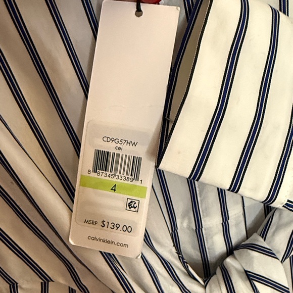 NEW Calvin Klein 100% Cotton Tie Waist Shirt Dress - White Blue Black Stripe  4 - Picture 7 of 13